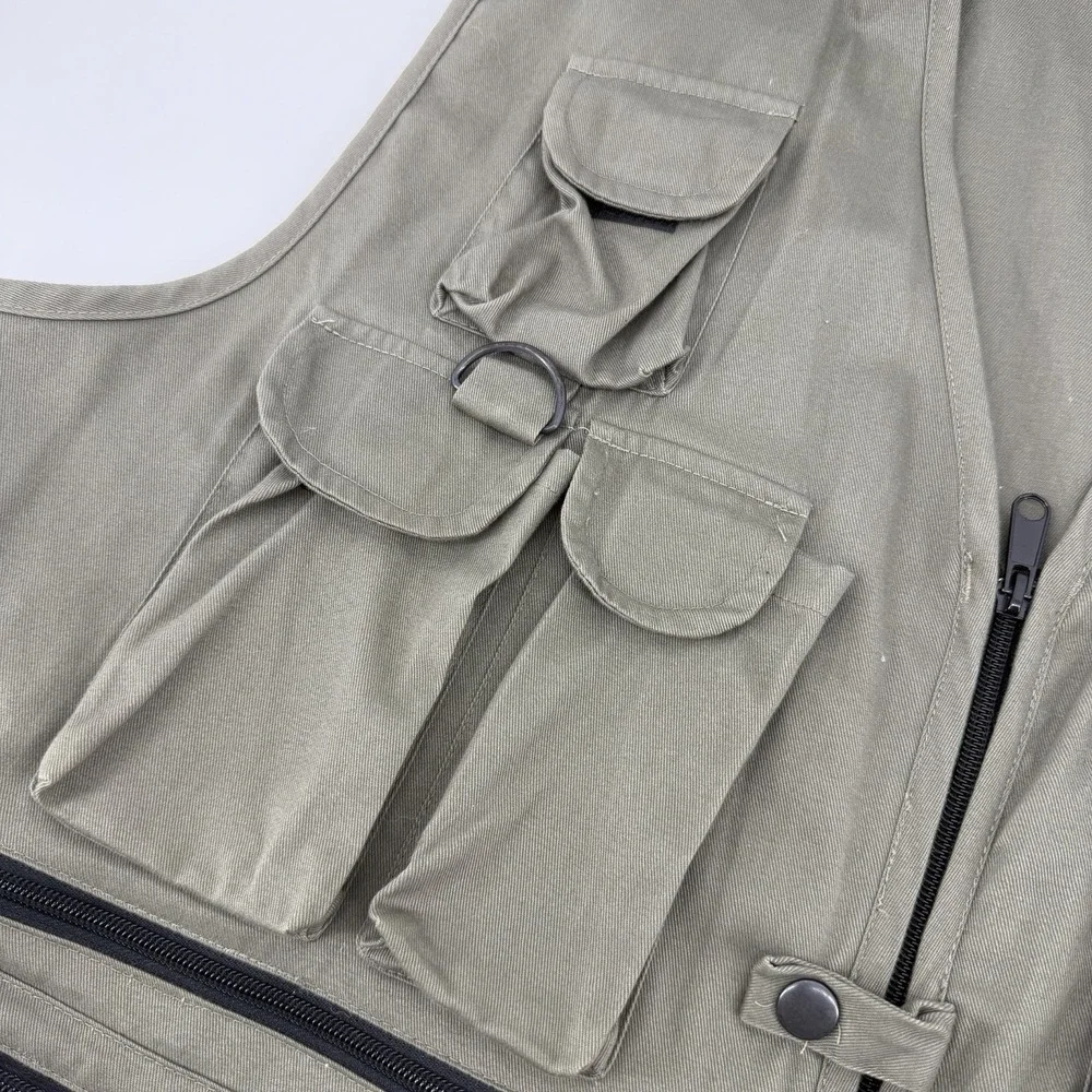 Vintage Fly Fishing Vest XL Olive Green Multi Pocket Utility Back D-Ring Cargo